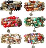 FIBO STEEL 6 Sets Bohemian Stackable Bead Bracelets for Women Stretch Multilayered Bracelet Set Multicolor Boho Jewelry